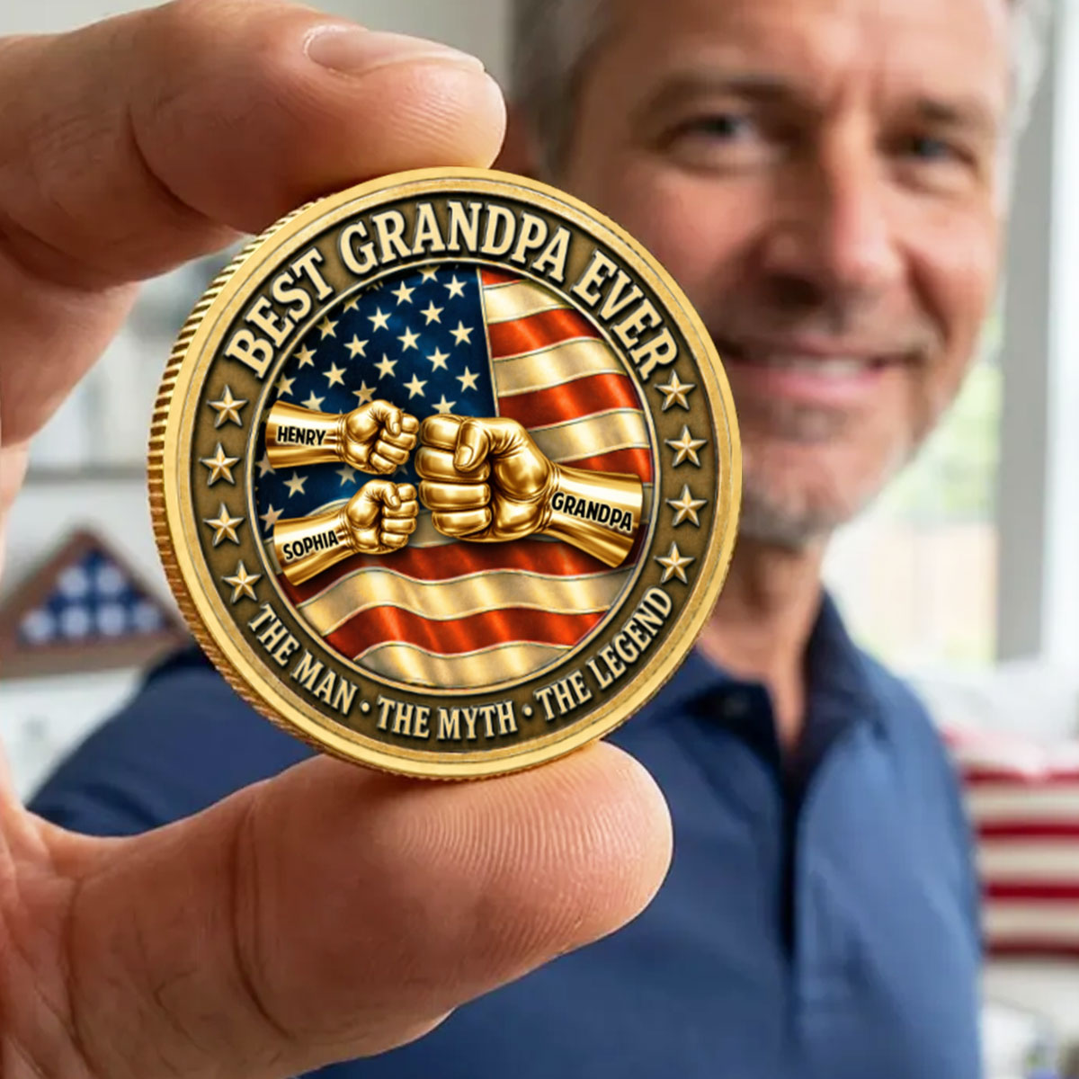 Proud American Best Dad Grandpa Ever Fist Bump - Personalized Commemorative Keepsake Coin - Father's Day Gift For Dad