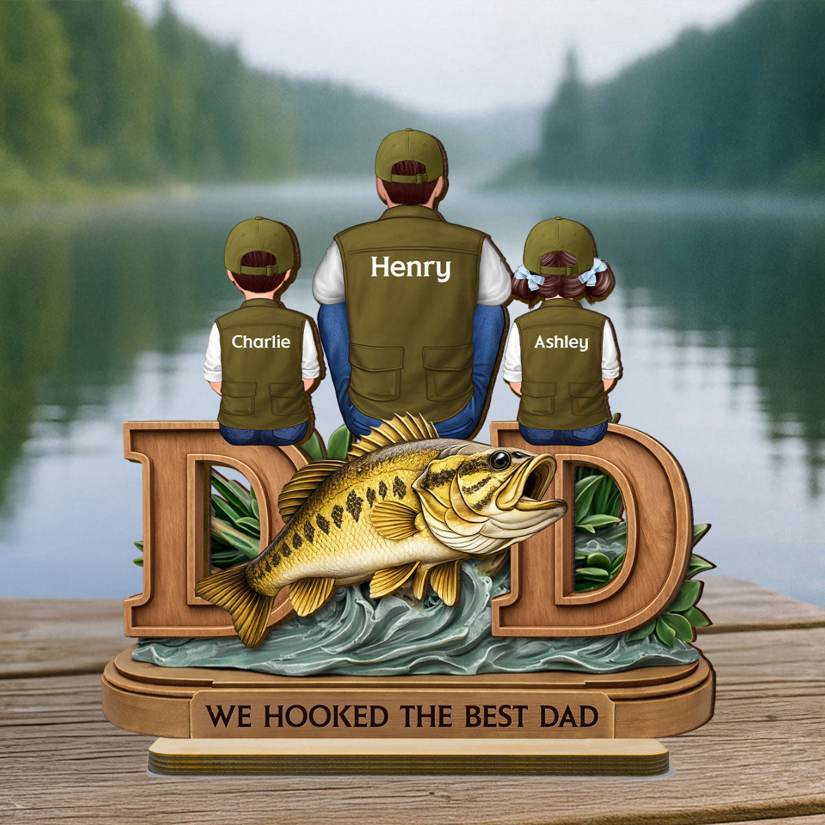 Fishing Dad And Kids Sitting Together - Personalized 2-Layered Wooden Plaque - Heartfelt Gift For Dad, Gift For Husband
