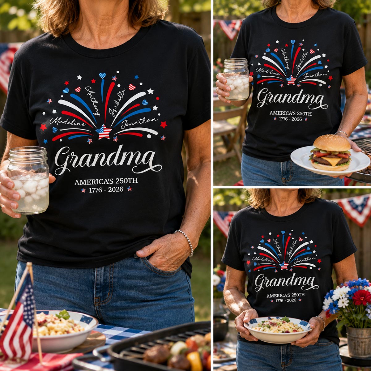 Grandma Fireworks Custom Kid Name - Personalized Shirt - American 250th Anniversary Keepsake For Grandma, Wife