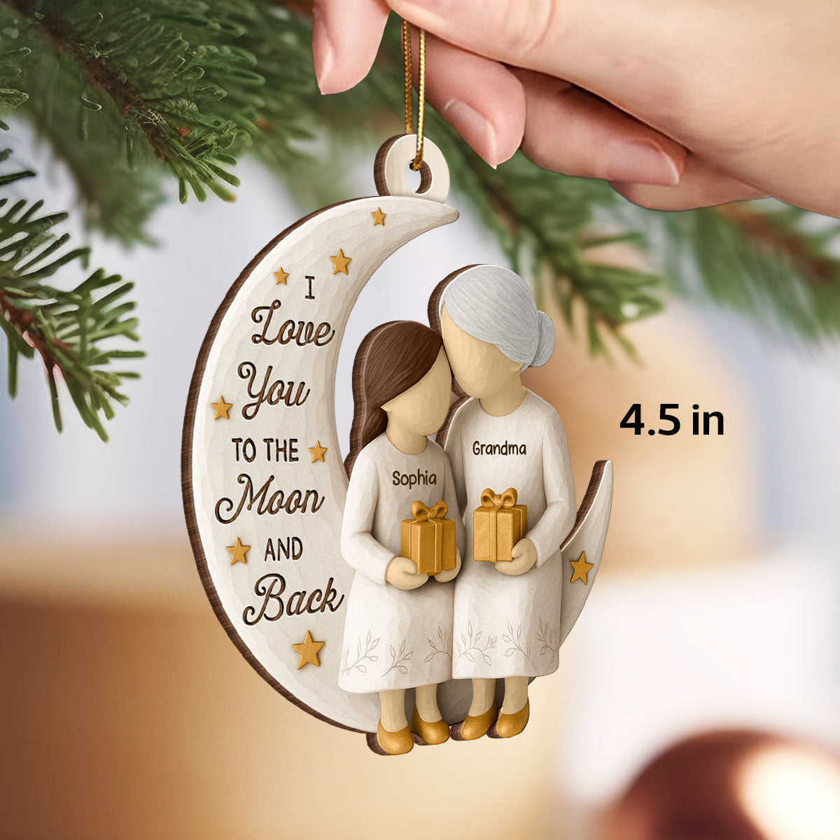 3D Effect Golden Star Grandma Grandkid On Moon - Personalized Wooden Ornament - Gift For Granddaughter, Grandson