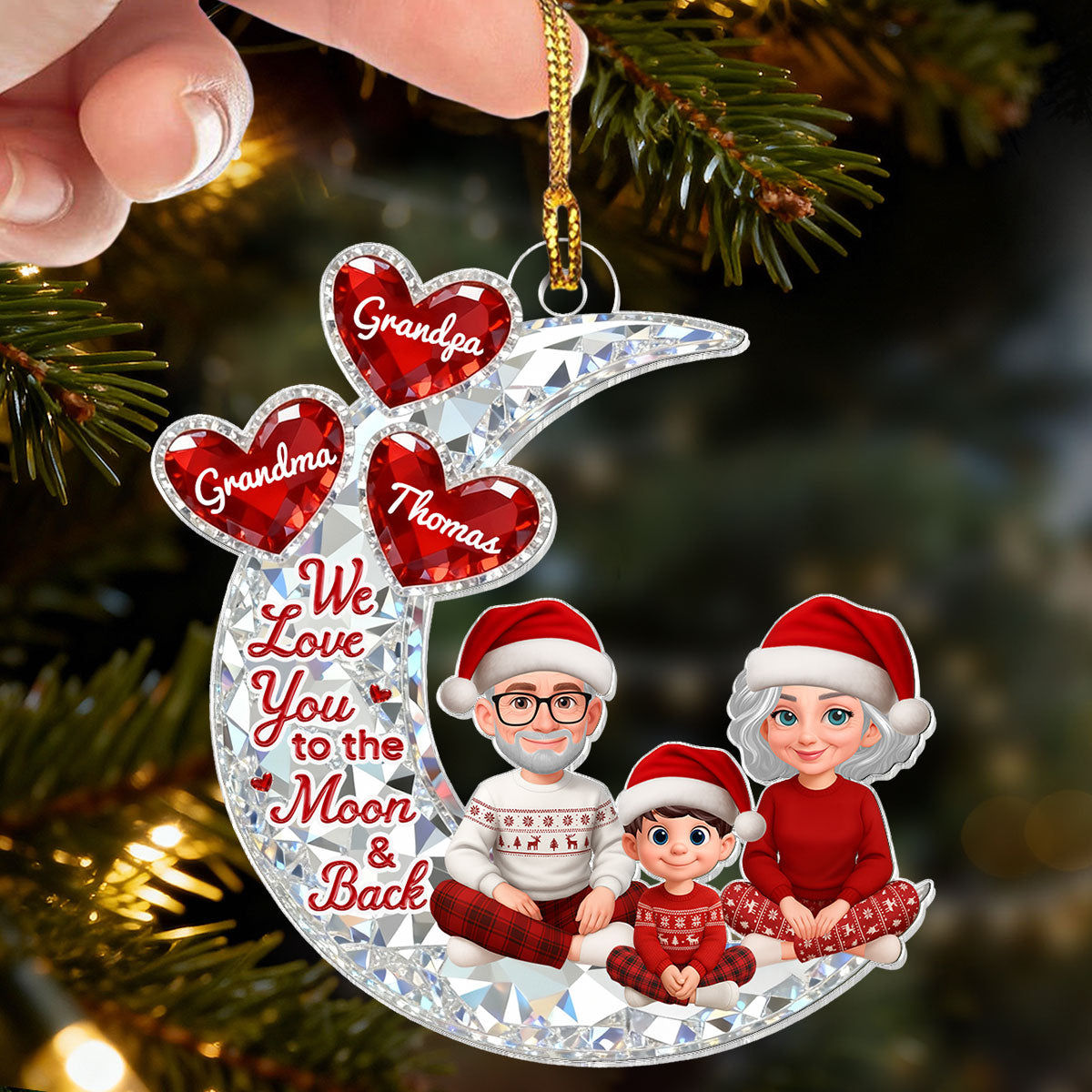 3D Effect Flat Moon Grandpa Grandma Grandkid Love You To The Moon And Back - Personalized Acrylic Ornament - Christmas Gift For All Grandkids