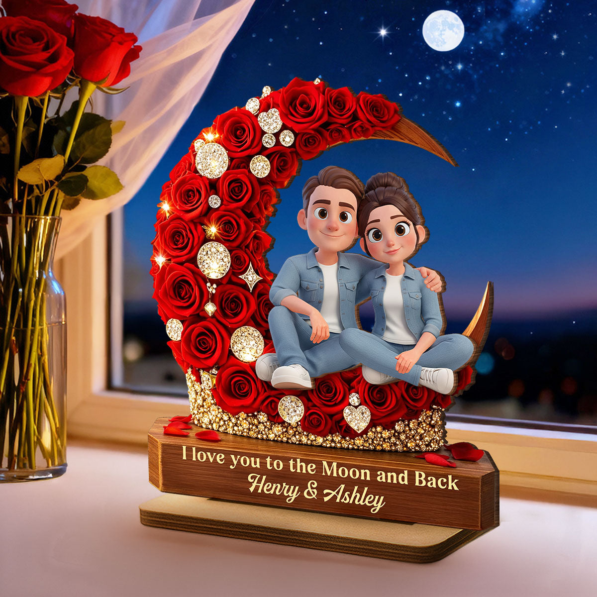 I Love You to the Moon and Back Romantic Love - Personalized 2-Layered Wooden Plaque - Heartfelt Valentine's Day Gift for Her, for Him