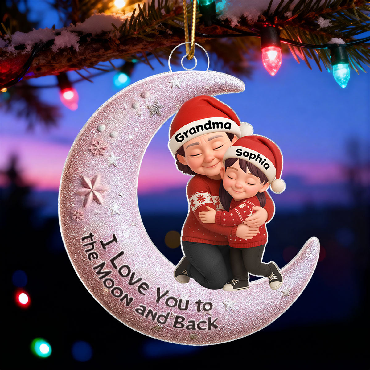 Grandma Hugging Grandkid on Moon - Personalized Acrylic Ornament - Christmas Gift for Grandma, Grandkids