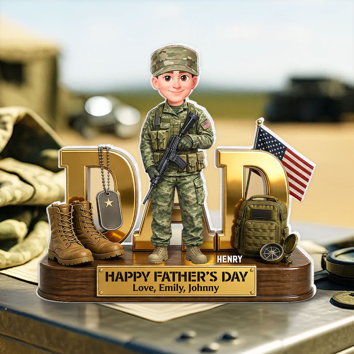 Proud American Military Armed Force Hero Dad 2D Flat - Personalized Acrylic Block Plaque -  Unique Trending  Gift For Dad, Husband