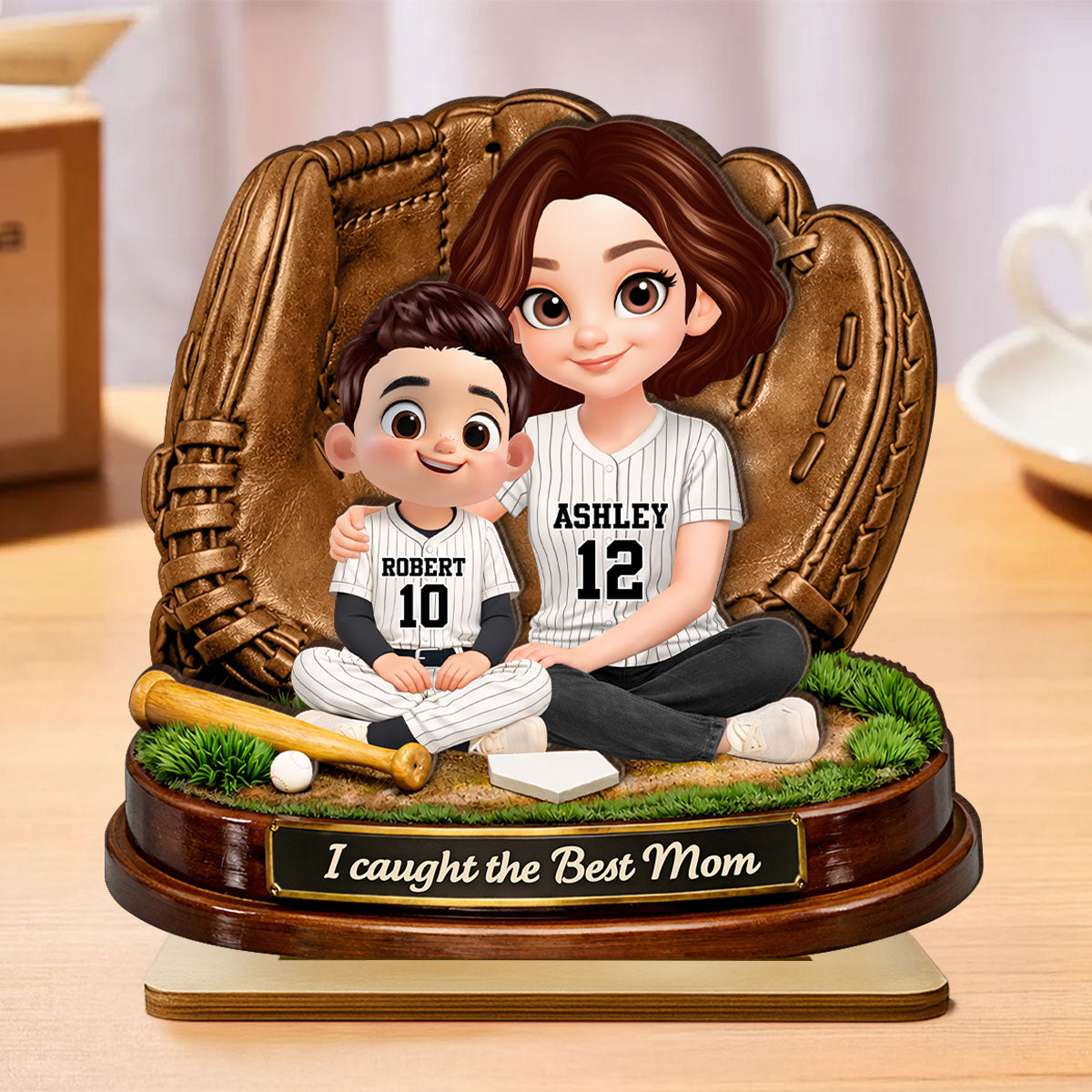 We Caught the Best Mom Baseball Softball - Personalized 2-Layered Wooden Plaque - Heartfelt Gift for Mom, Wife