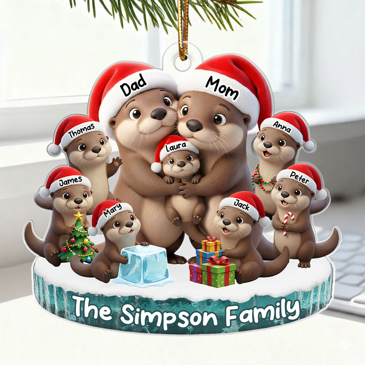 Otter Family Dad Mom Kids Together - Personalized Acrylic Ornament - Heartwarming Christmas Gift For Family