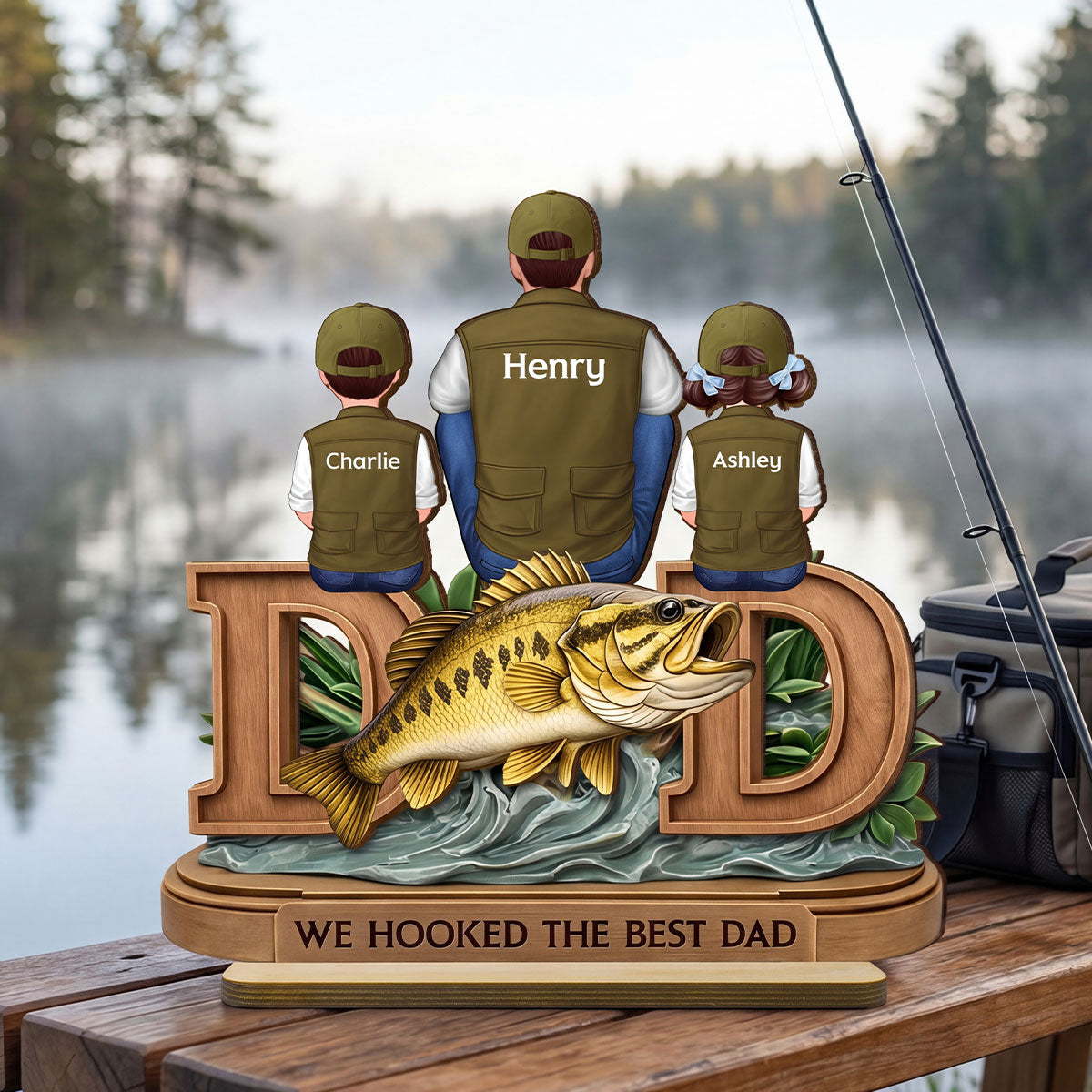 Fishing Dad And Kids Sitting Together - Personalized 2-Layered Wooden Plaque - Heartfelt Gift For Dad, Gift For Husband