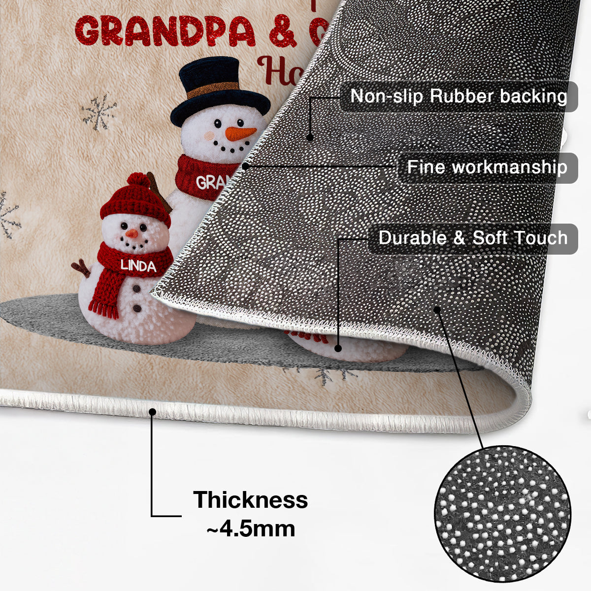 3D Effect Fleece Texture Christmas Grandma Grandkids Snowman Together - Personalized Doormat