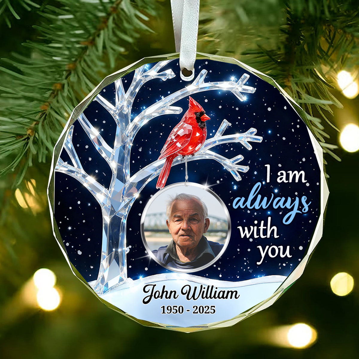 3D Crystal Effect Memorial Winter Tree Cardinals Upload Photo - Personalized Glass Ornament - Remembrance Gift, Sympathy Gift