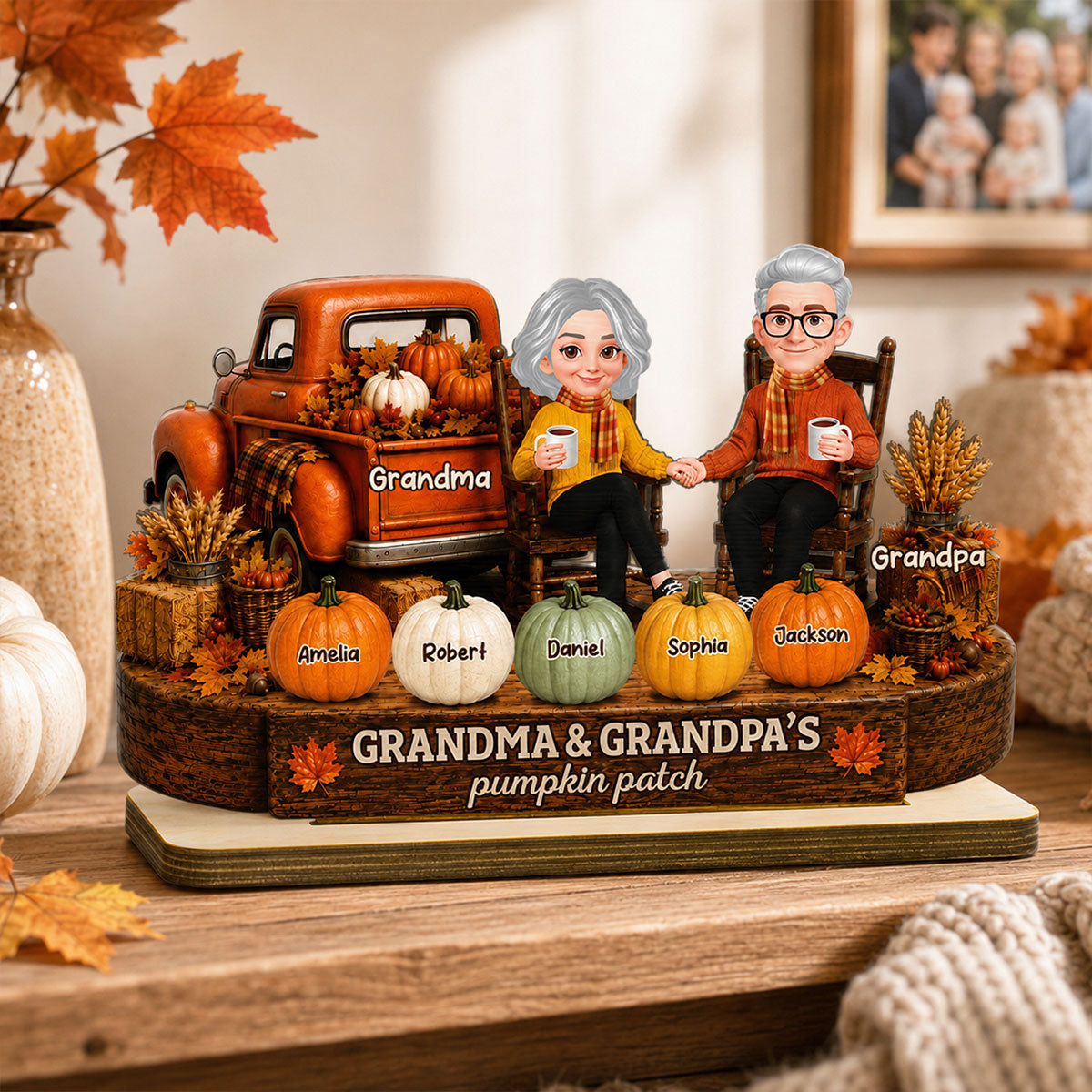 Fall Season Pumpkin Truck Grandma Grandpa Pumpkin Patch - Personalized 2-Layered Wooden Plaque - Fall Decor For Grandparents