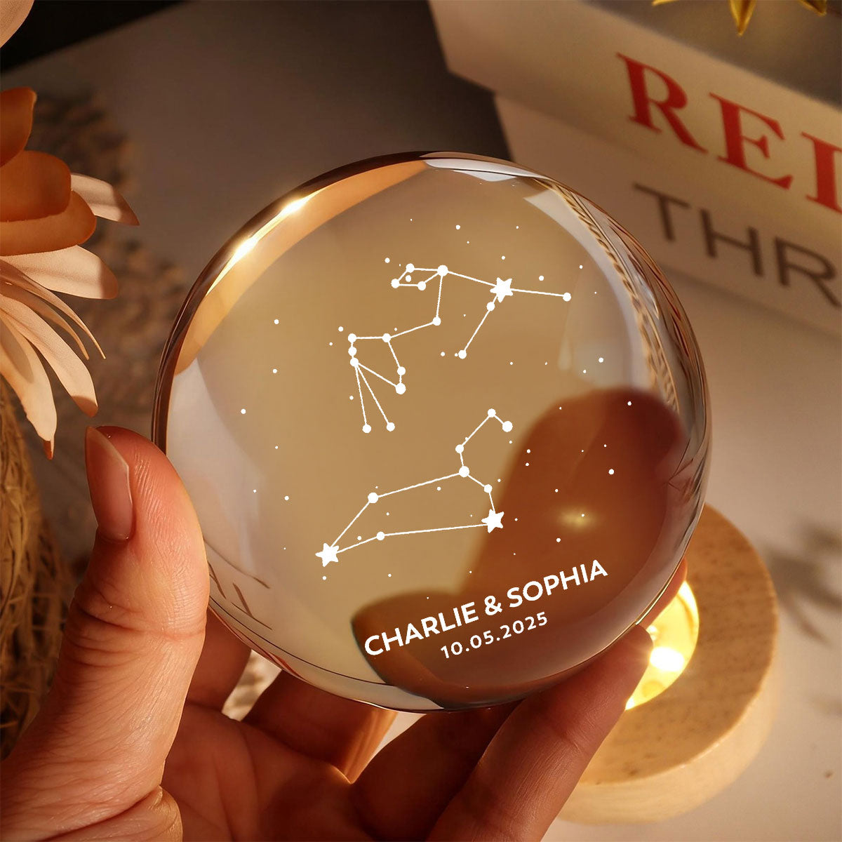 Couple Zodiac Constellation Astrology Star Sign Art - Personalized Crystal Ball LED Night Light - Gift For Couple