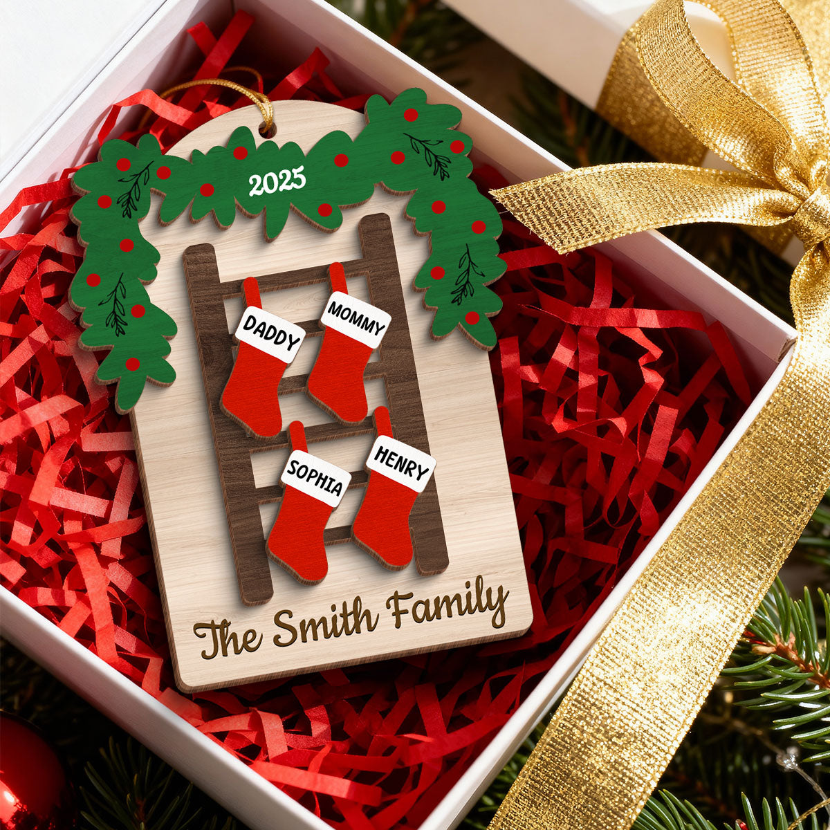 Family Names Ladder Stocking - Persnalized 3-Layered Wooden Ornament - Christmas Gift
