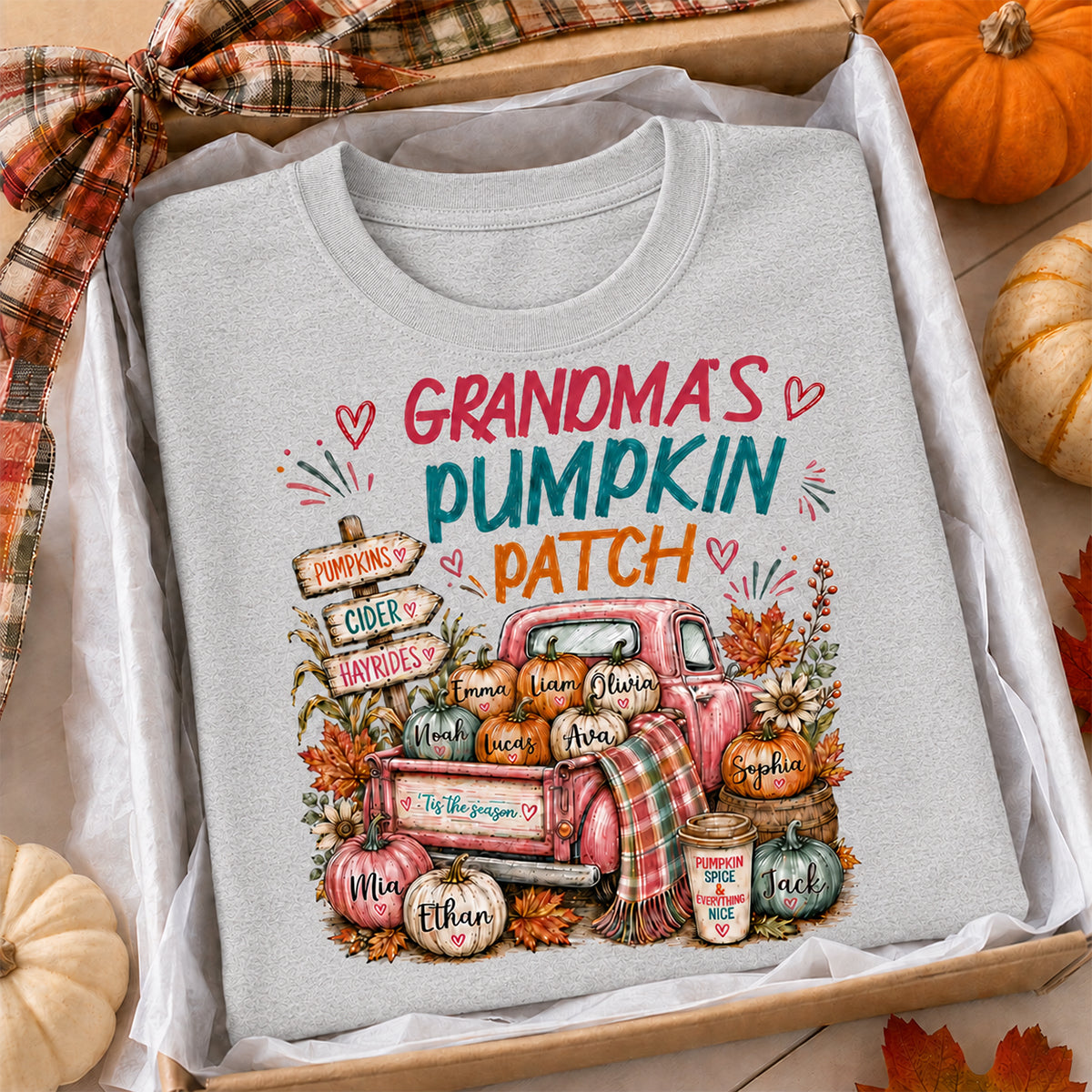 Grandma's Pumpkin Patch Preppy Coquette - Personalized Shirt - Trendy Fall Tee for Grandma
