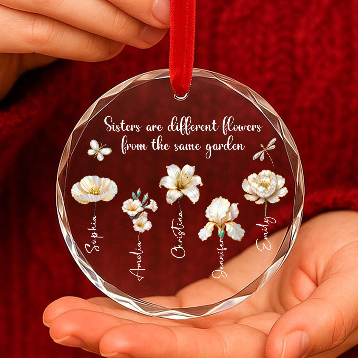 3D Effect Birth Flowers Sisters From The Same Garden - Personalized Glass Ornament - Birthday Christmas Just Because Gift For Sisters, Besties
