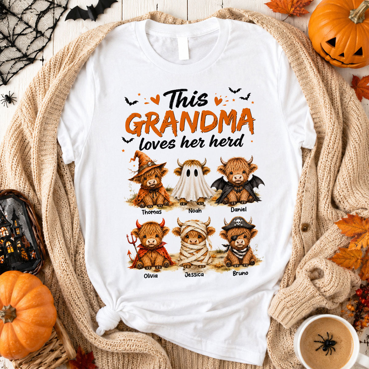 Funny Halloween Highland Cow - Personalized Shirt - Gift For Gramdmas, Moms