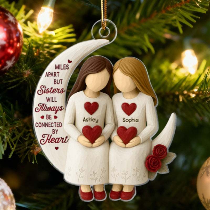 3D Effect Roses Sisters On Moon Wooden Texture - Personalized Acrylic Ornament - Christmas Gift For Sisters