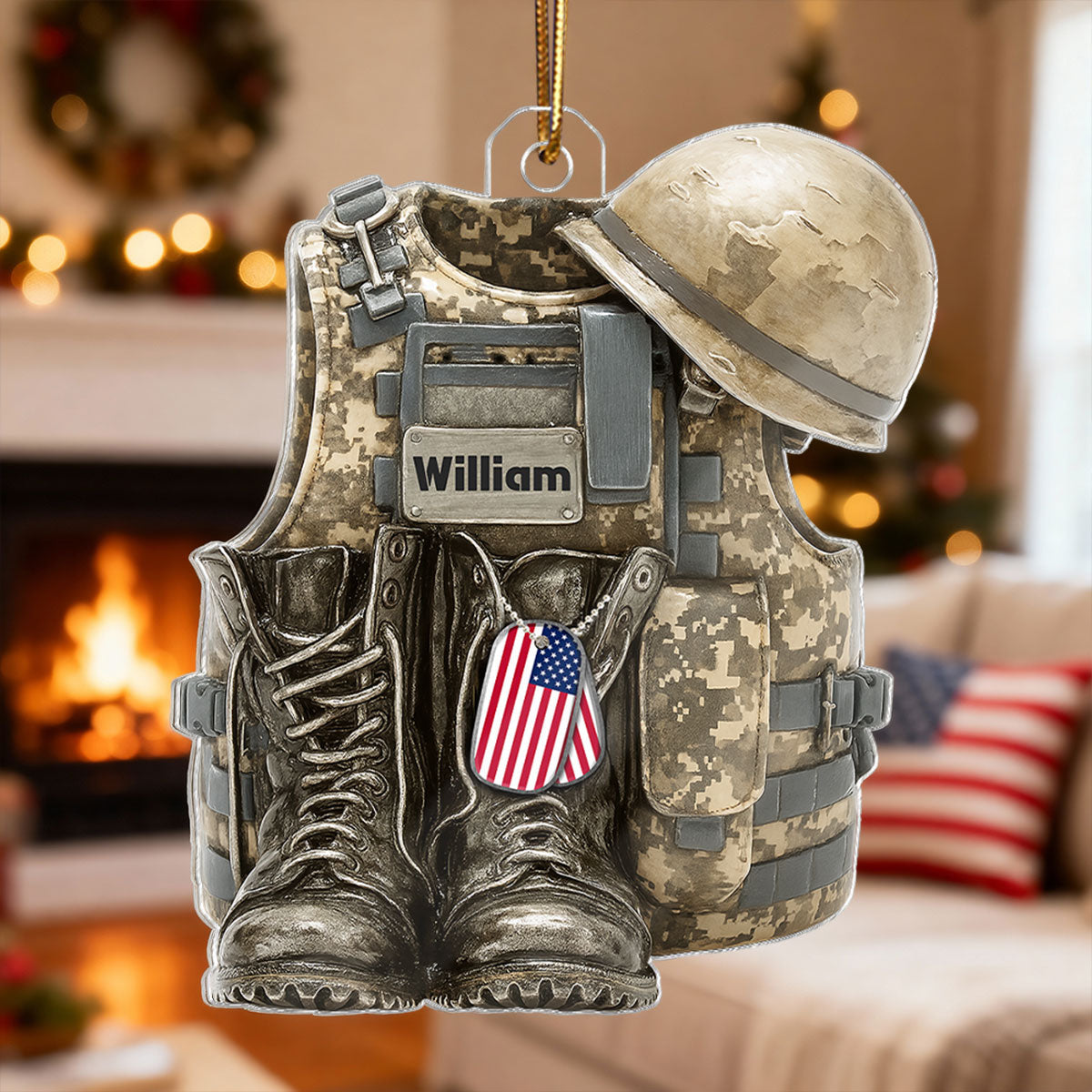 3D Effect Military Combat Vest, Boots And Helmet - Personalized Acrylic Ornament
