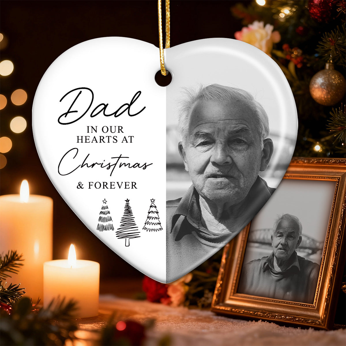 In Our Hearts At Christmas & Forever Custom Photo - Personalized Ceramic Ornament - Remembrance Keepsake, Memorial Gift