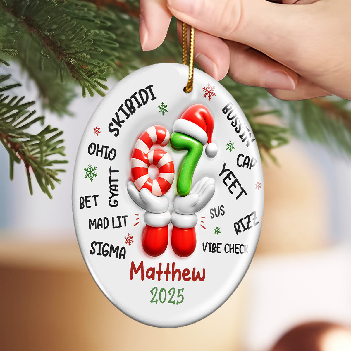 Custom Name Kid Slang Six Seven 3D Effect - Personalized Ceramic Ornament - 2025 Slang, Funny Teen Grandkid, Gen Alpha Christmas Gift