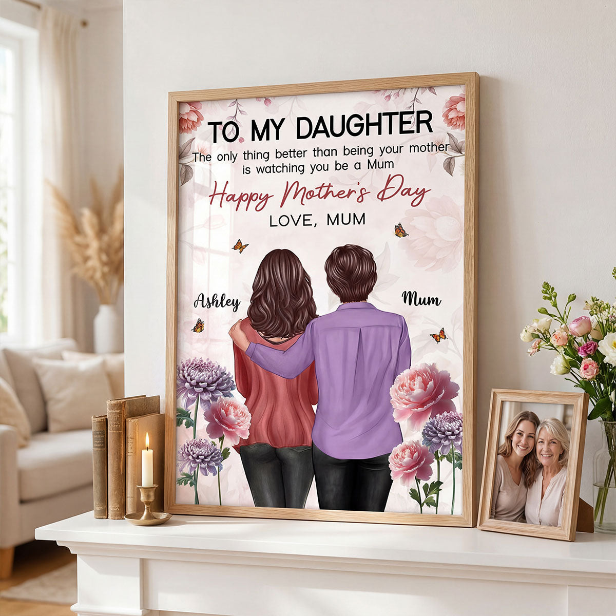 To My Daughter From Mum Birth Month Flower Happy Mother's Day Floral Pink Tone - Personalised Poster