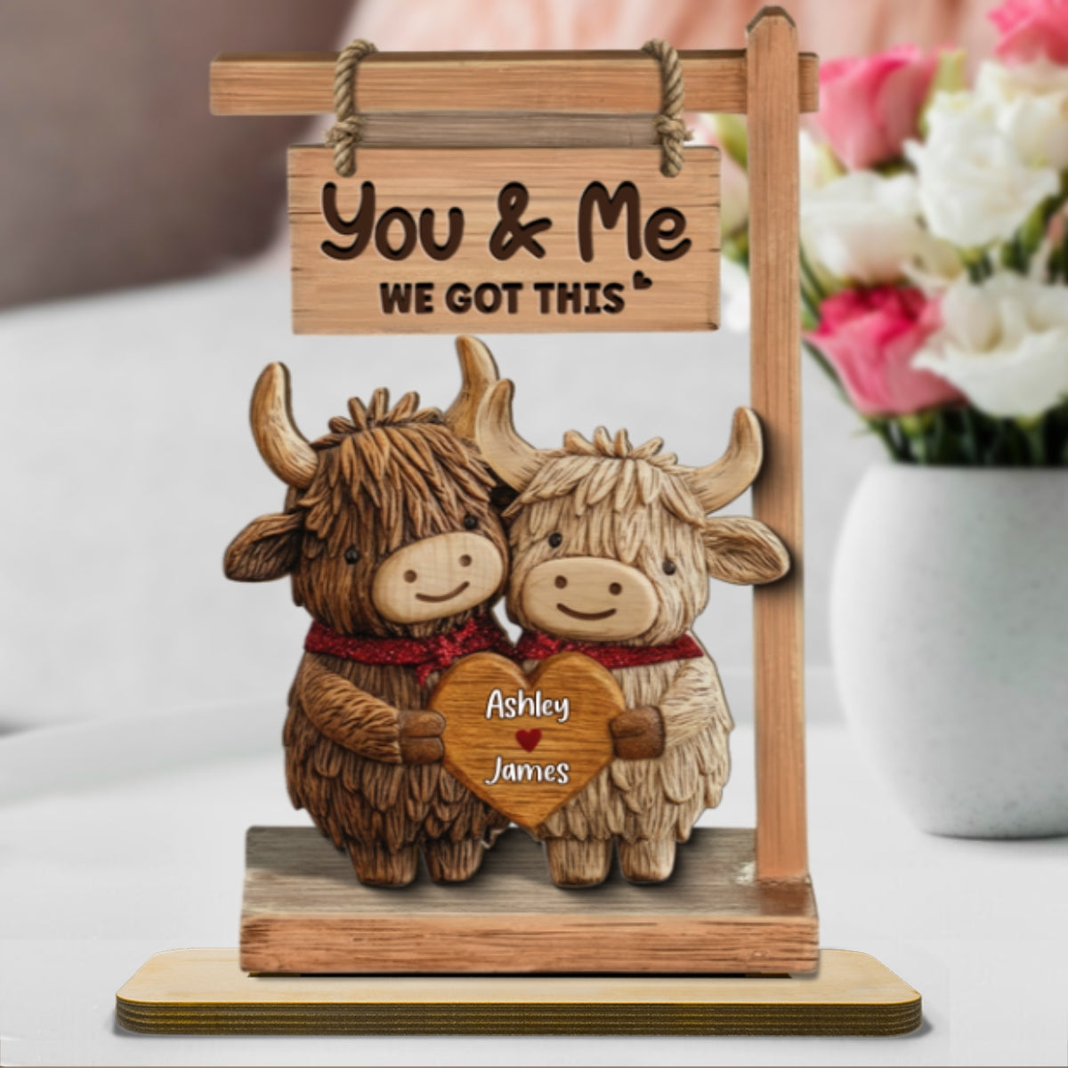 3D Effect Highland Cows Couple - Personalized 2-Layered Wooden Plaque - Perfect Valentine's Day Gift For Him, Gift For Her