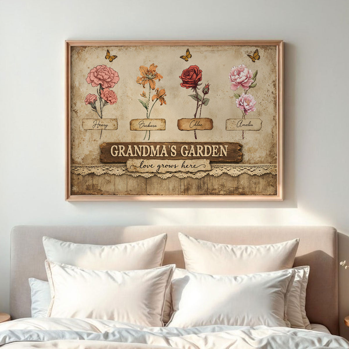 Retro Vintage Lace Pattern Grandma's Garden Birth Month Flowers - Personalized Poster - Mother's Day Gift For Grandma, Mom