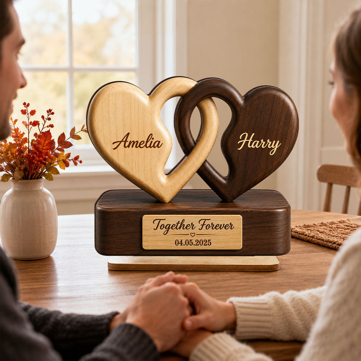 Interlocking Hearts Romantic Couple Anniversary - Personalized 2-Layered Wooden Plaque - Anniversary Gift, Gift For Couple