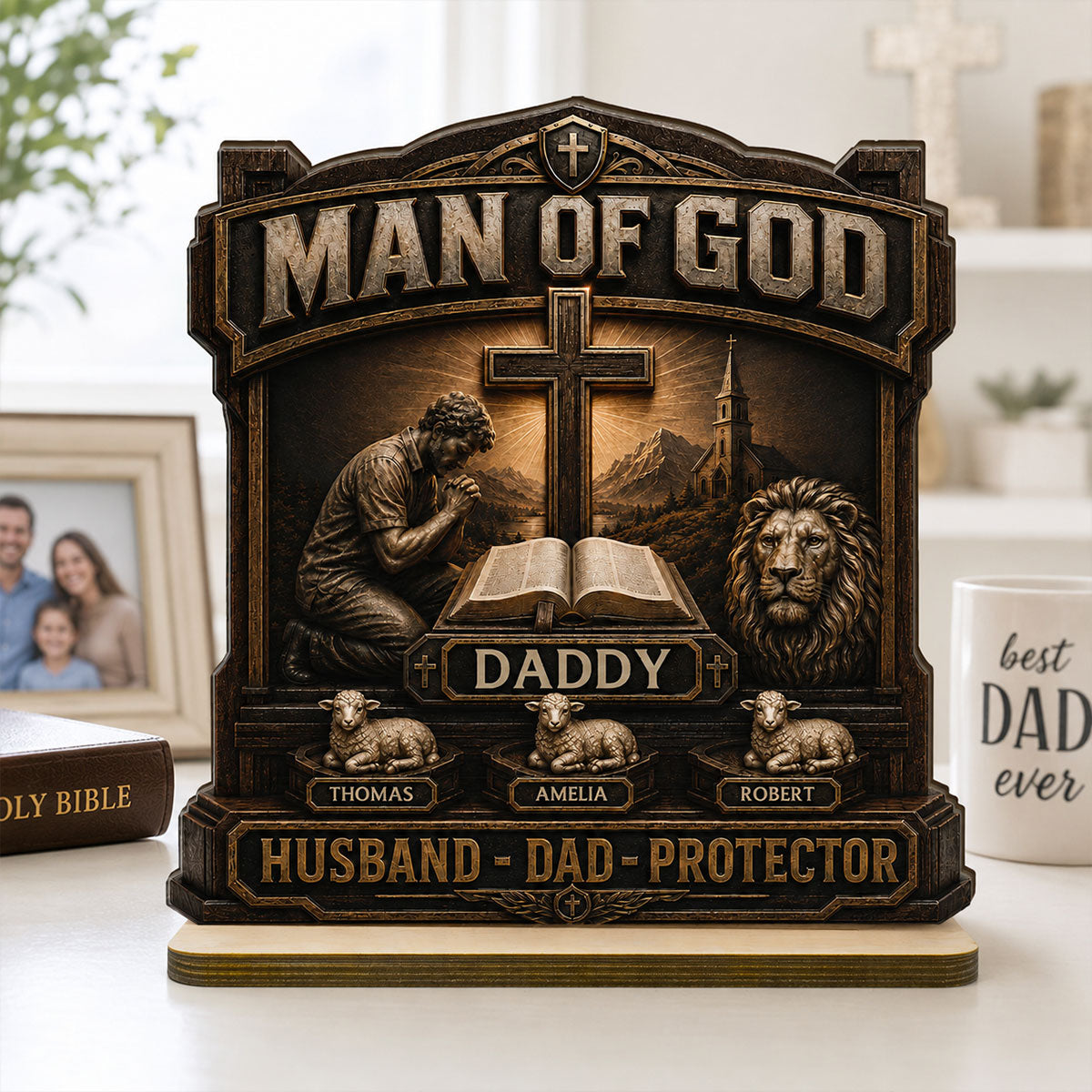 Man Of God - Personalized 2-Layered Wooden Plaque -  Gift For Dad, Husband, Grandpa, Christian Dad