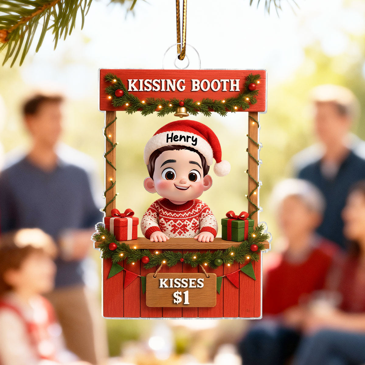 Cute Kid in Kissing Booth - Personalized Acrylic Ornament - Unique Christmas Gift for Kids, Grandkids