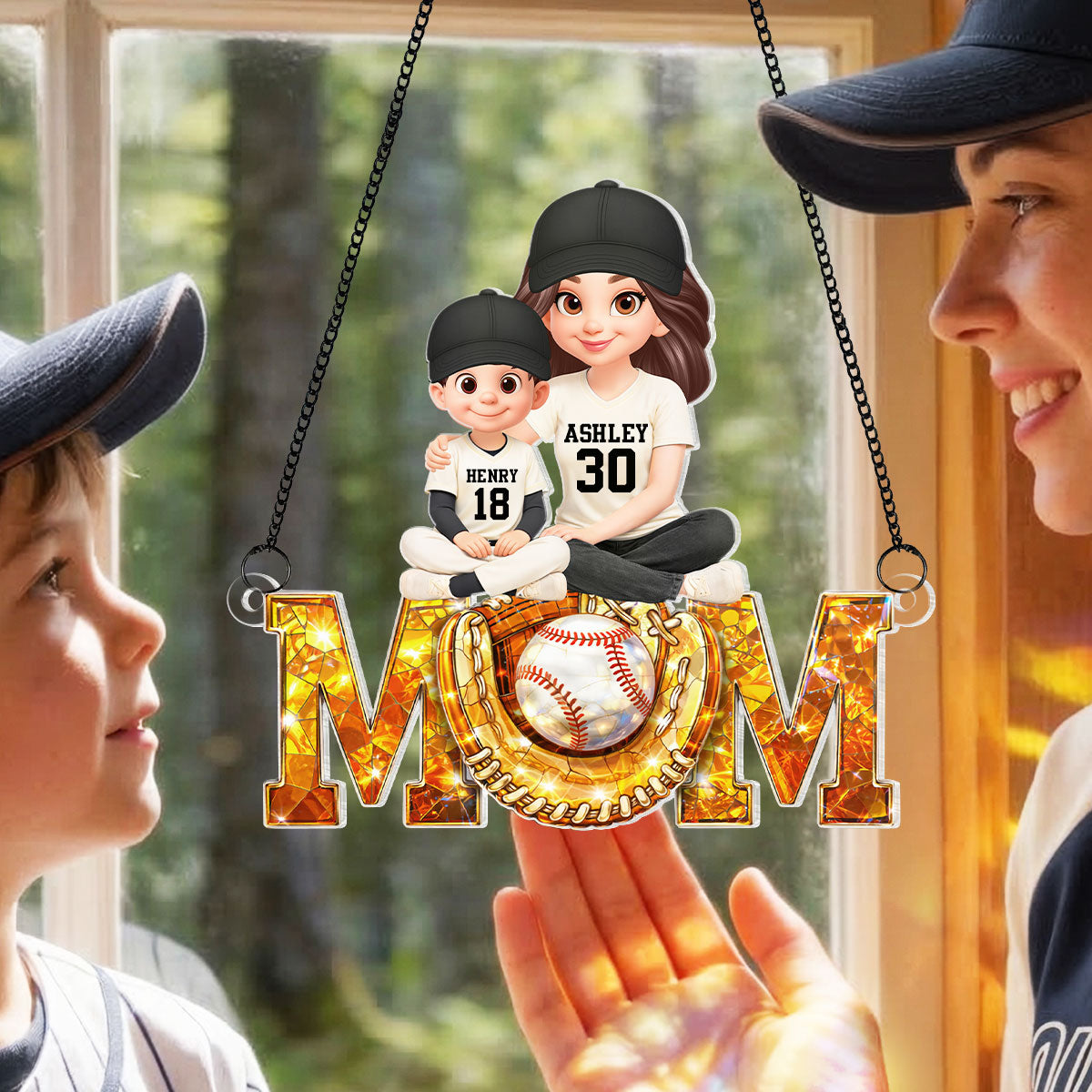Baseball Mom And Kids Sitting We Caught The Best Mom - Personalized Suncatcher - Heartfelt Mother's Day Gift for Mom, Wife
