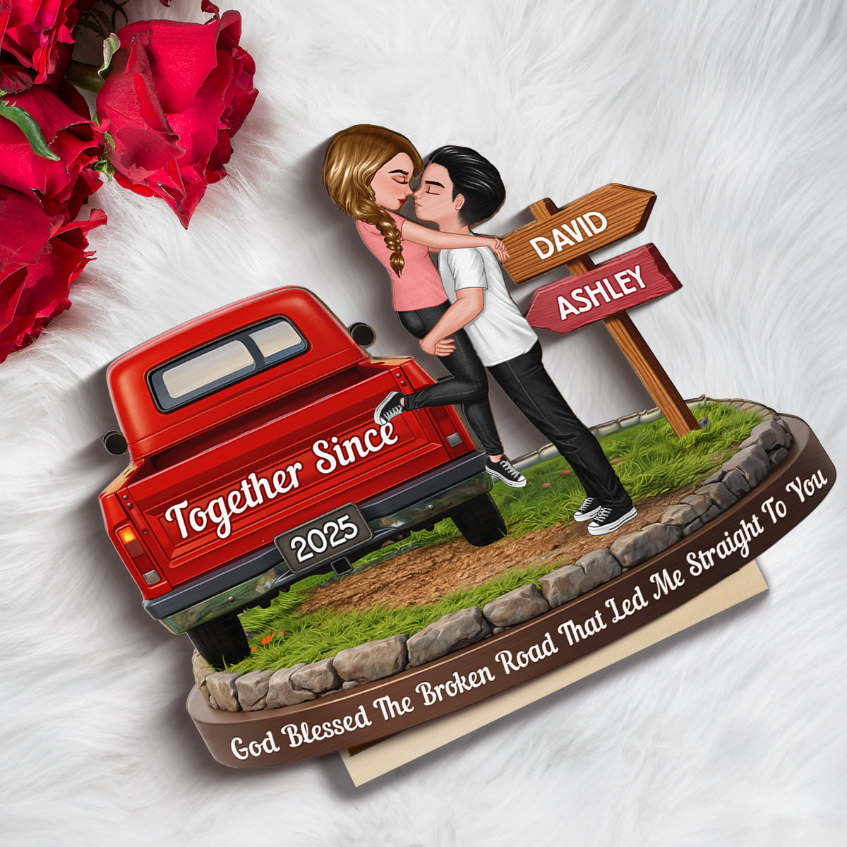 God Blessed The Broken Road - Personalized Standing Wooden Plaque - Gift for Couple