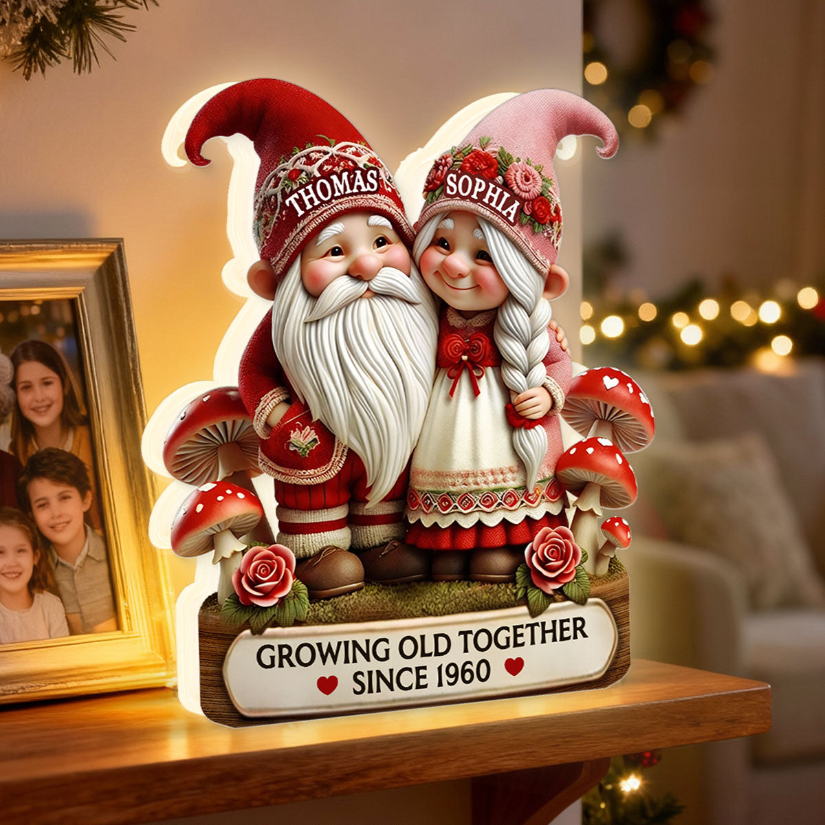 3D Effect Gnome Couple Growing Old Together - Personalized Light Box - Heartfelt Valentine's Day Gift, Anniversary Gift For Couple, For Him, For Her