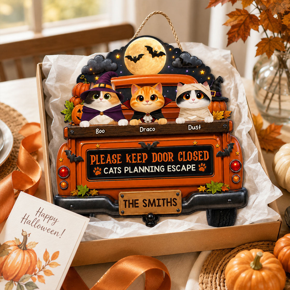 Cute Cat Keep Door Closed - Personalized Wood Sign - Halloween Gift For Cat Lovers, Halloween Decor