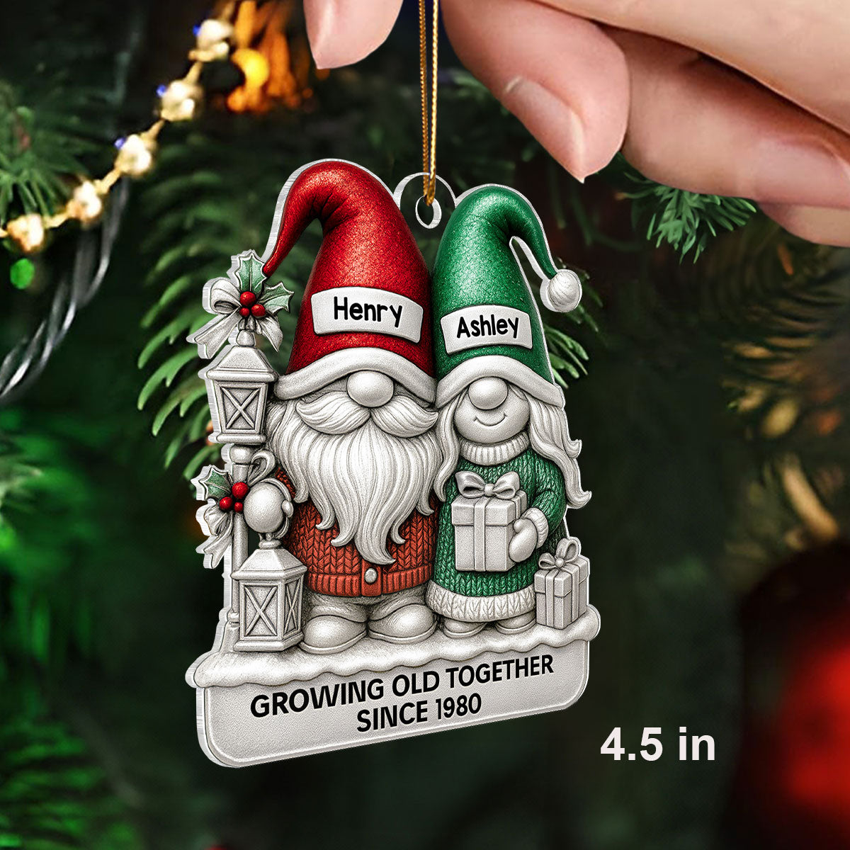Gnome Couple 3D Metallic Effect - Personalized Acrylic Ornament - Christmas Gift for Couple