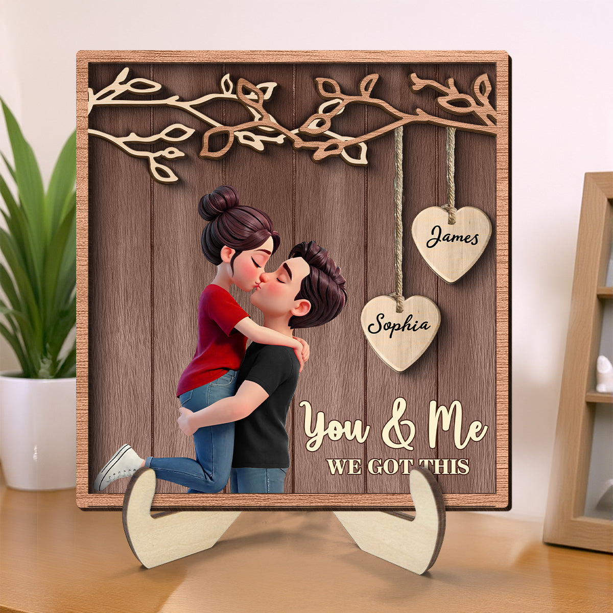 Couple Hugging Kissing Under Eternal Tree Of Love - Personalized 2-Layered Wooden Plaque - Gift For Couple