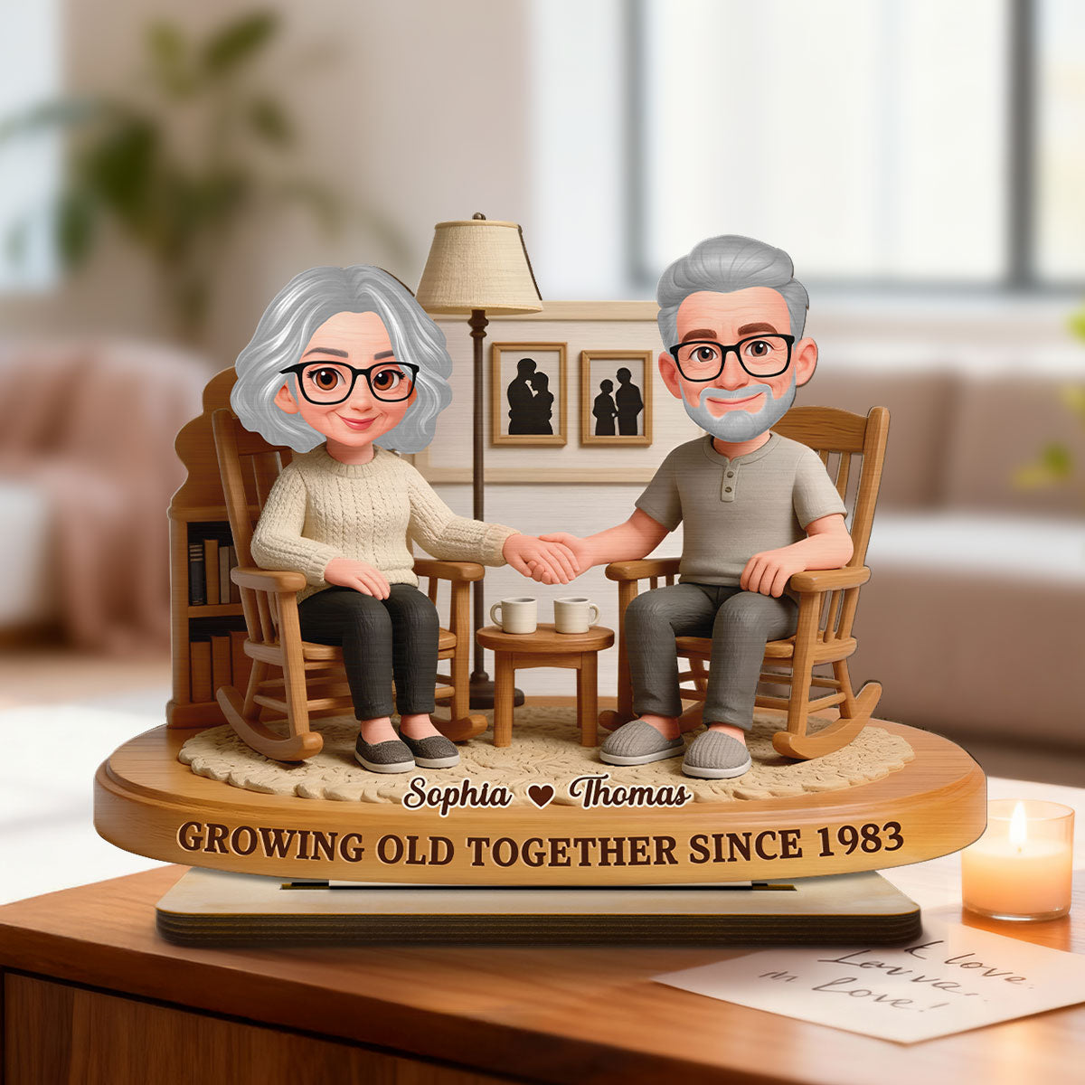 Eternal Love Couple In Cozy Living Room Growing Old Together - Personalized 2-Layer Wooden Plaque - Gift For Couple, Gift For Him, For Her