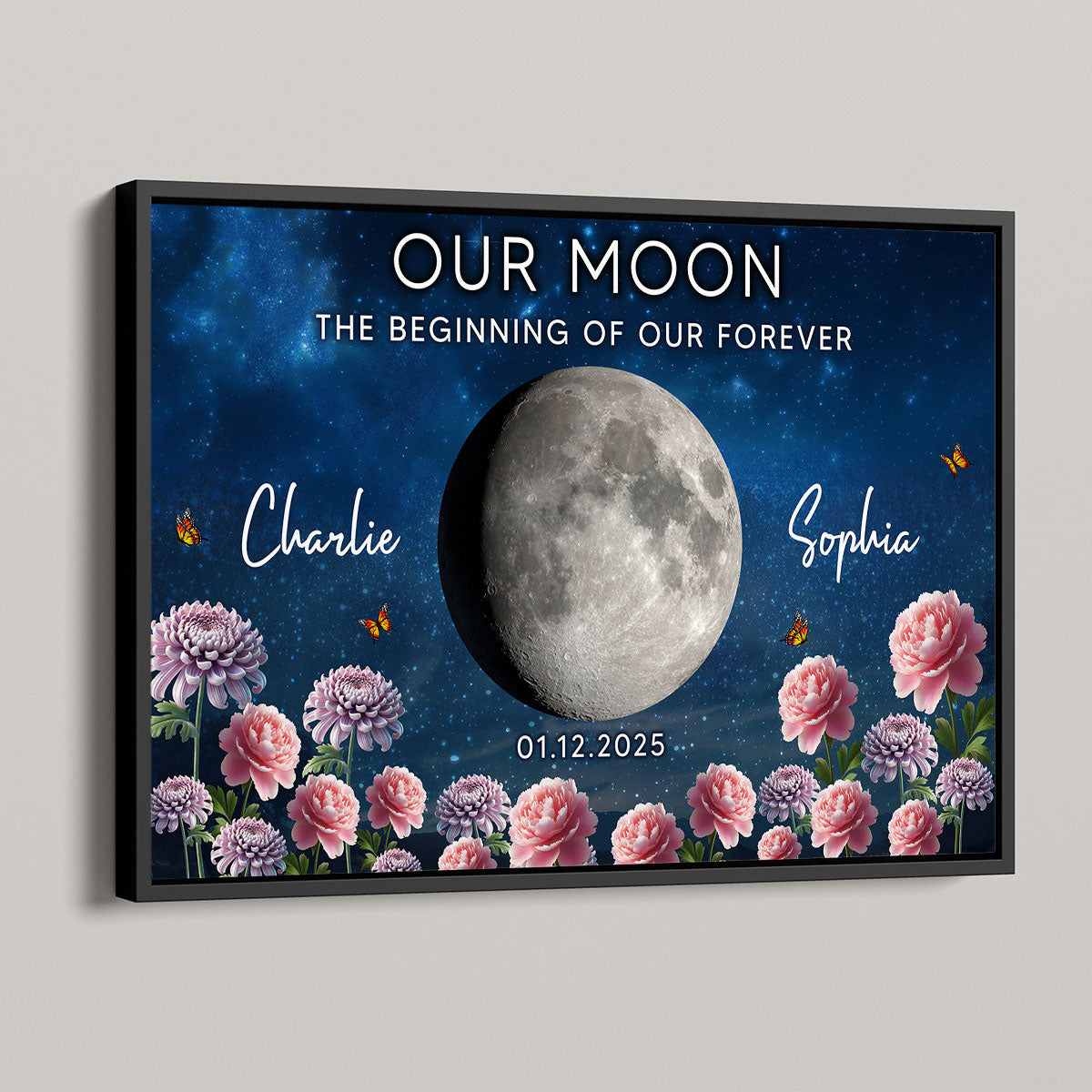 Couple Custom Moon Phase Anniversary Date Birth Month Flowers - Personalized Poster - Valentine's Day Gift For Couple