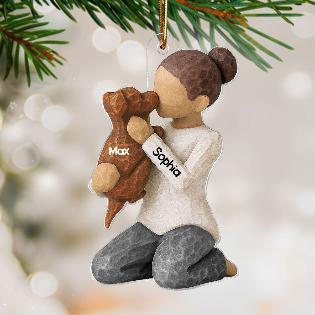 3D Effect Boy Girl Hugging Dog - Personalized Acrylic Ornament - Christmas Gift For Dog Lovers
