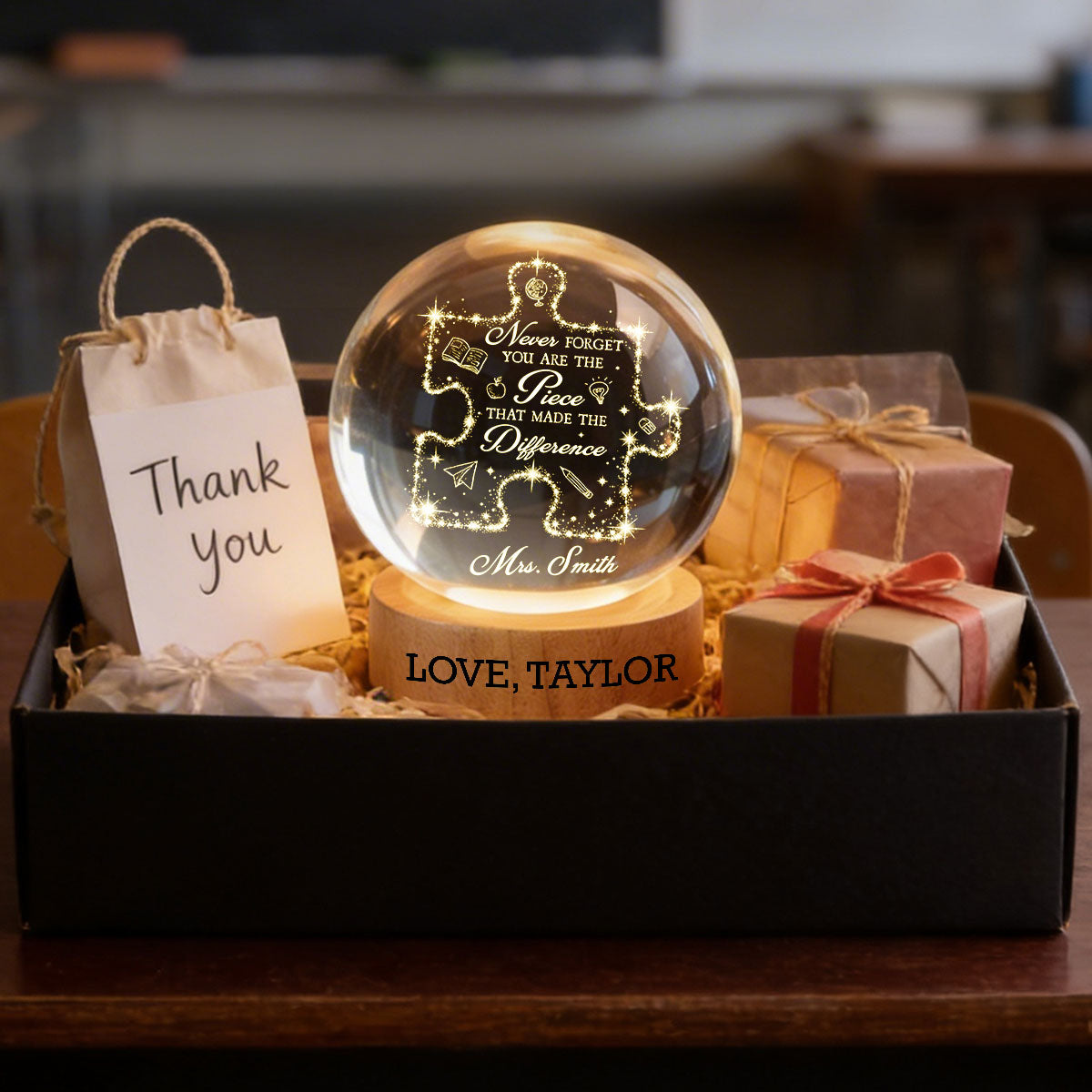 Never Forget The Difference You Make - Personalized Crystal Ball LED Night Light - Thank You Gift for Teacher, Teacher Appreciation Week Gift