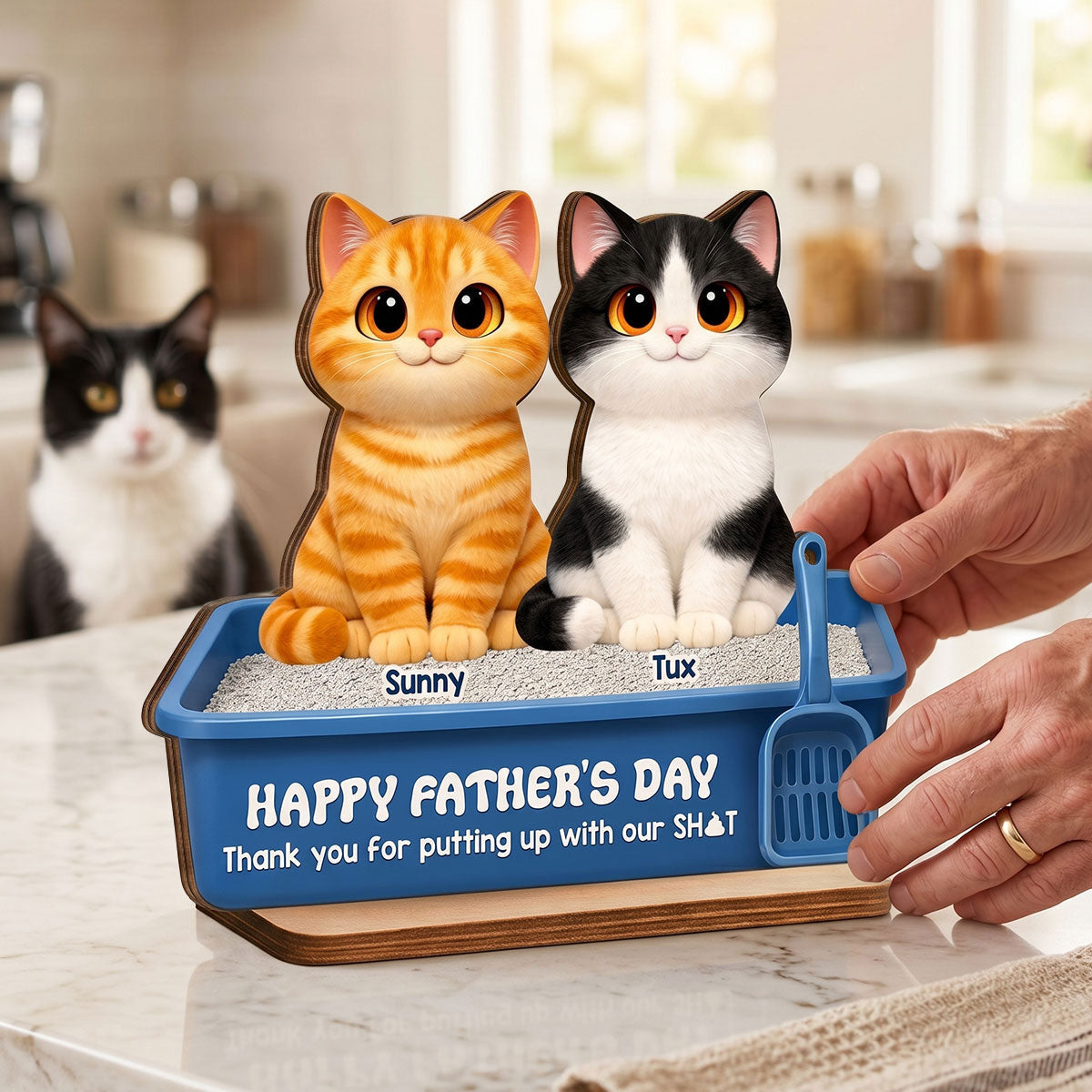 Cute Fluffy Cats Happy  Thanks For Feeding And Scooping Poo 2D Flat - Personalized 2-Layered Wooden Plaque - Funny  Gift For Cat Dad, Cat Lovers
