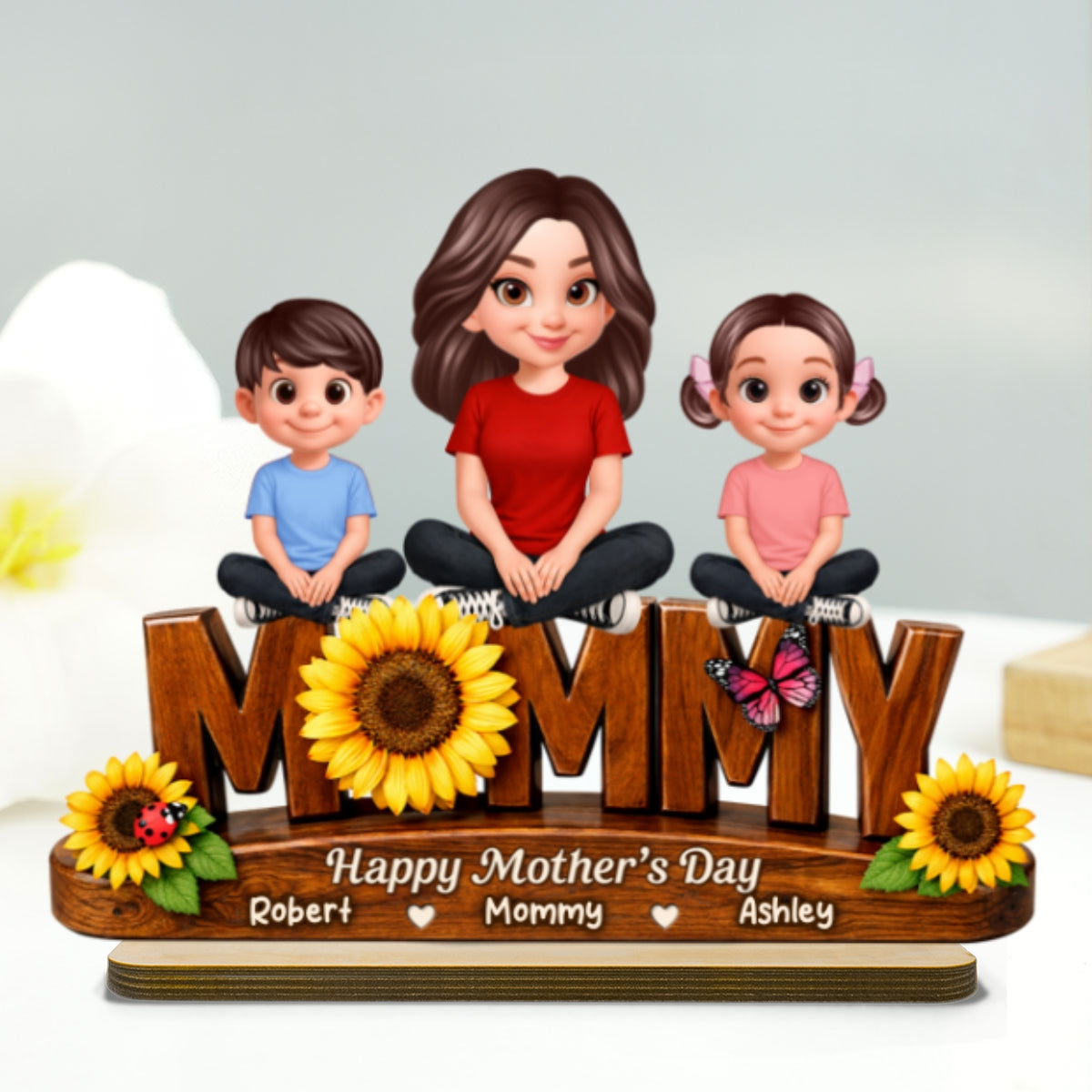 Sunflower Mom And Kids - Personalized 2-Layered Wooden Plaque - Mother's Day Gift For Mom, Wife