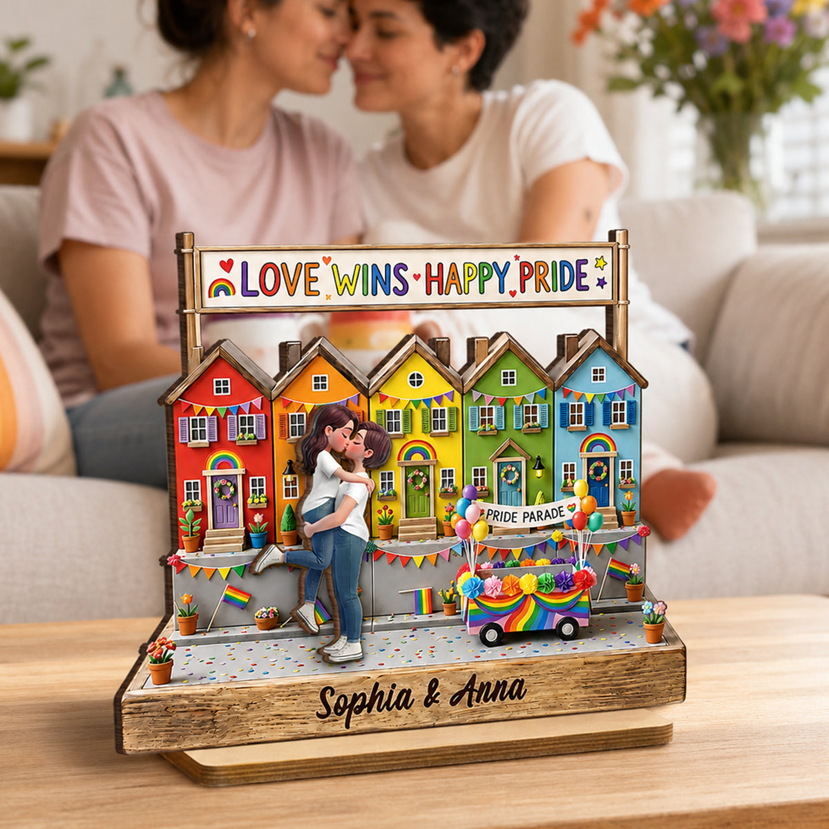 Love Wins LGBT+ Couple - Personalized 2-Layered Wooden Plaque - Gift For Couple, Happy Pride Month