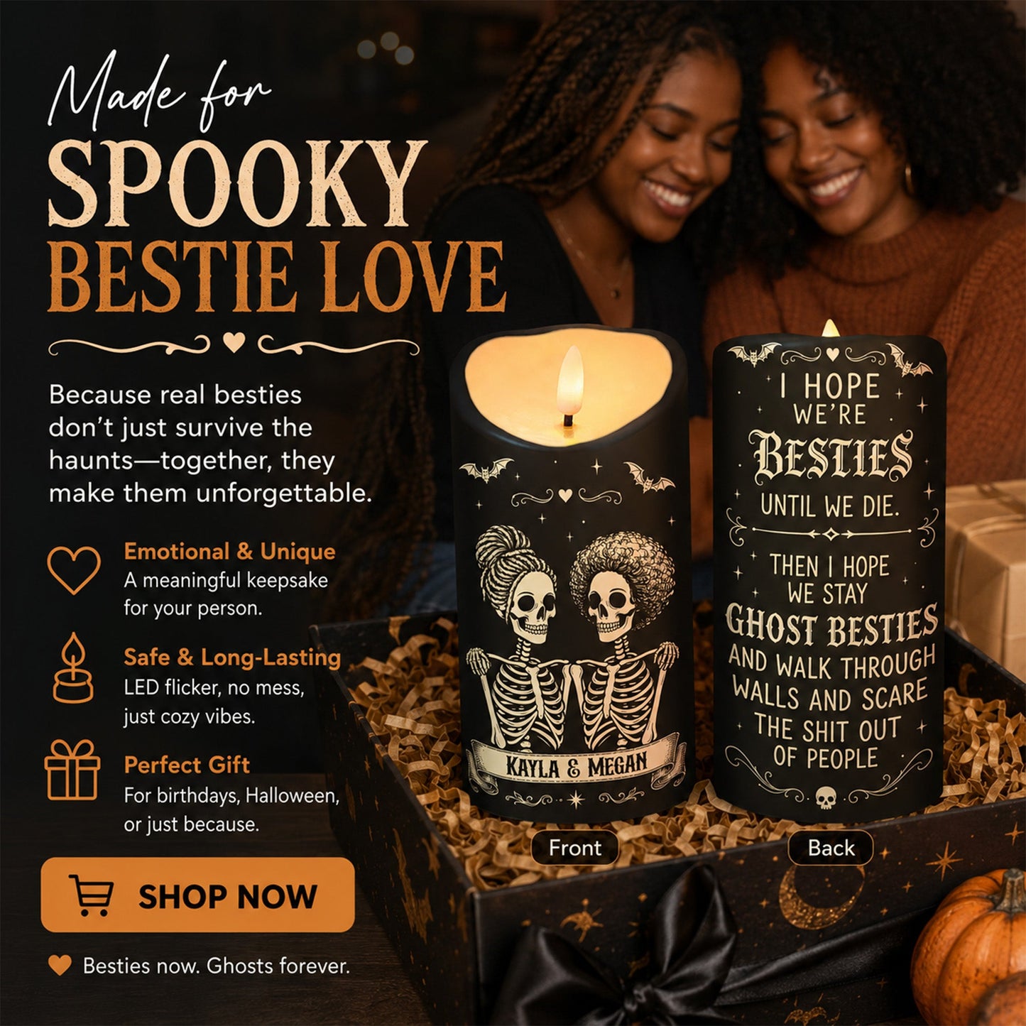 Skeleton Besties Until We Die - Personalized LED Candle - Funny Work Bestie Gift, Halloween Keepsake For Best Friends