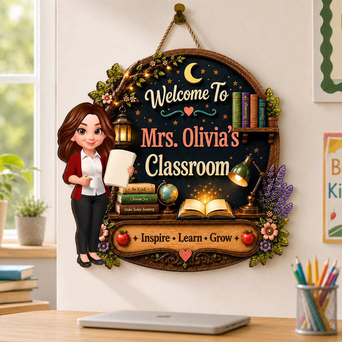 Inspire Grow Learn Fantasy Teacher - Personalized Wood Sign - Back To School Gift For Teacher, Classroom Decor