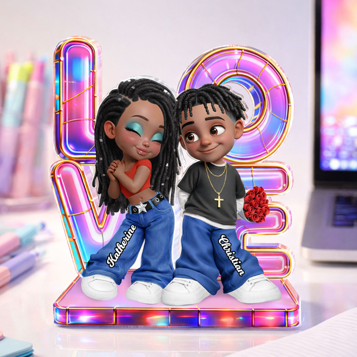 Holographic Love Y2K Couple - Personalized Acrylic Block Plaque - Valentine's Day Gift for Her, for Him