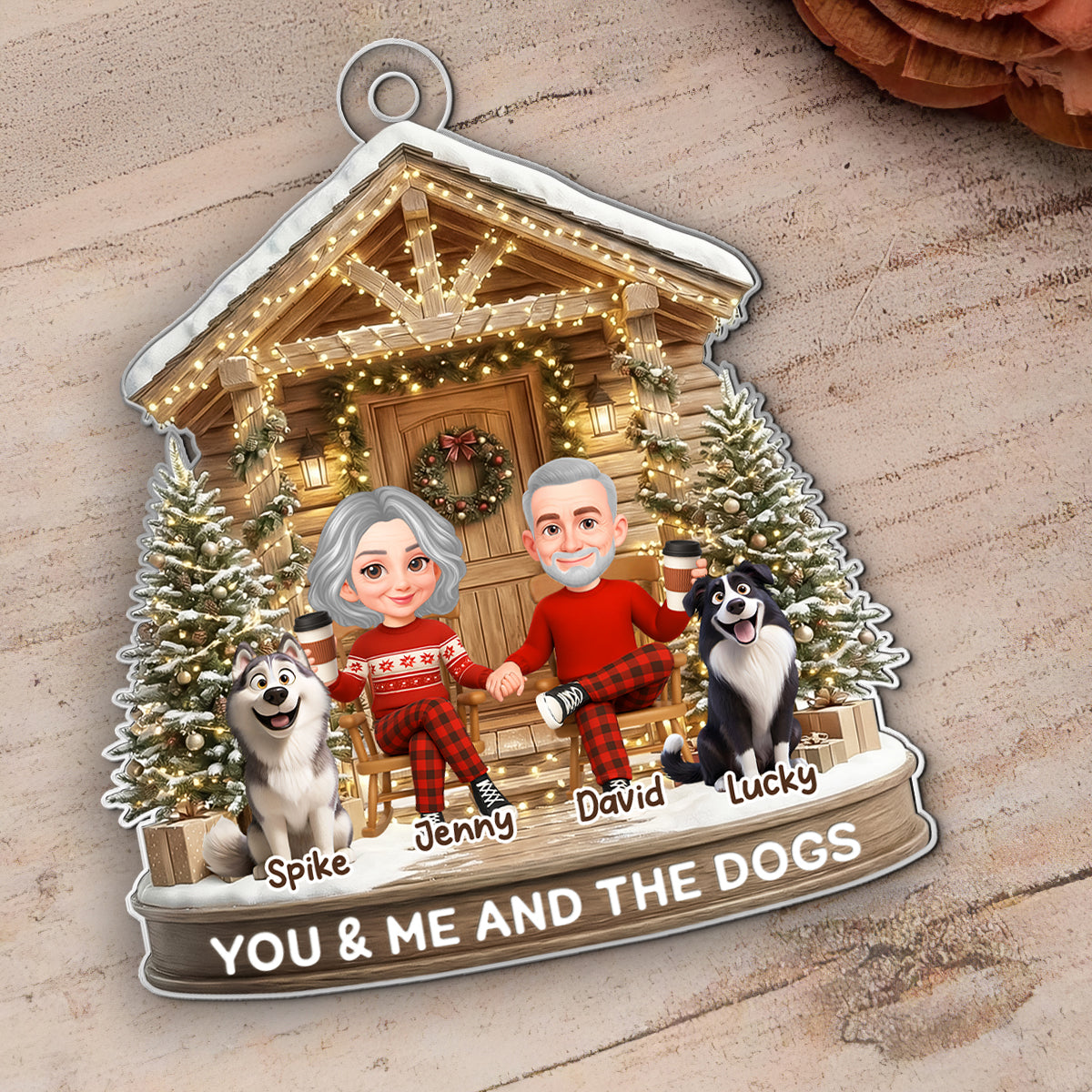 Couple And The Dogs Front Porch - Personalized Acrylic Ornament - Christmas Gift for him, for her