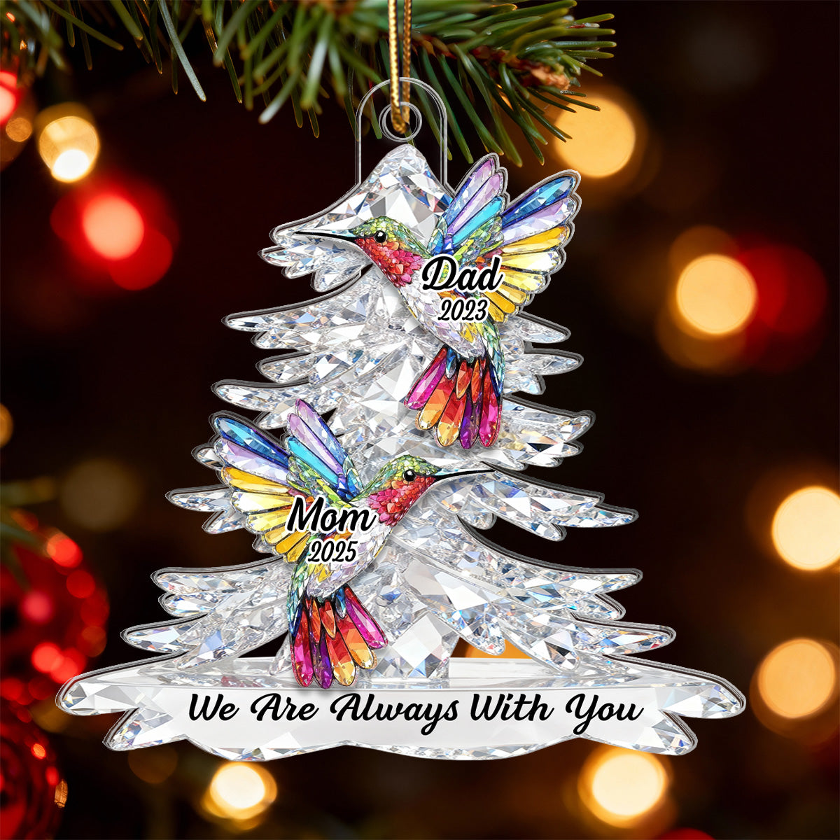 3D Effect Flat Christmas Tree Hummingbird Memorial - Personalized Acrylic Ornament - Remembrance Gift, Sympathy Gift
