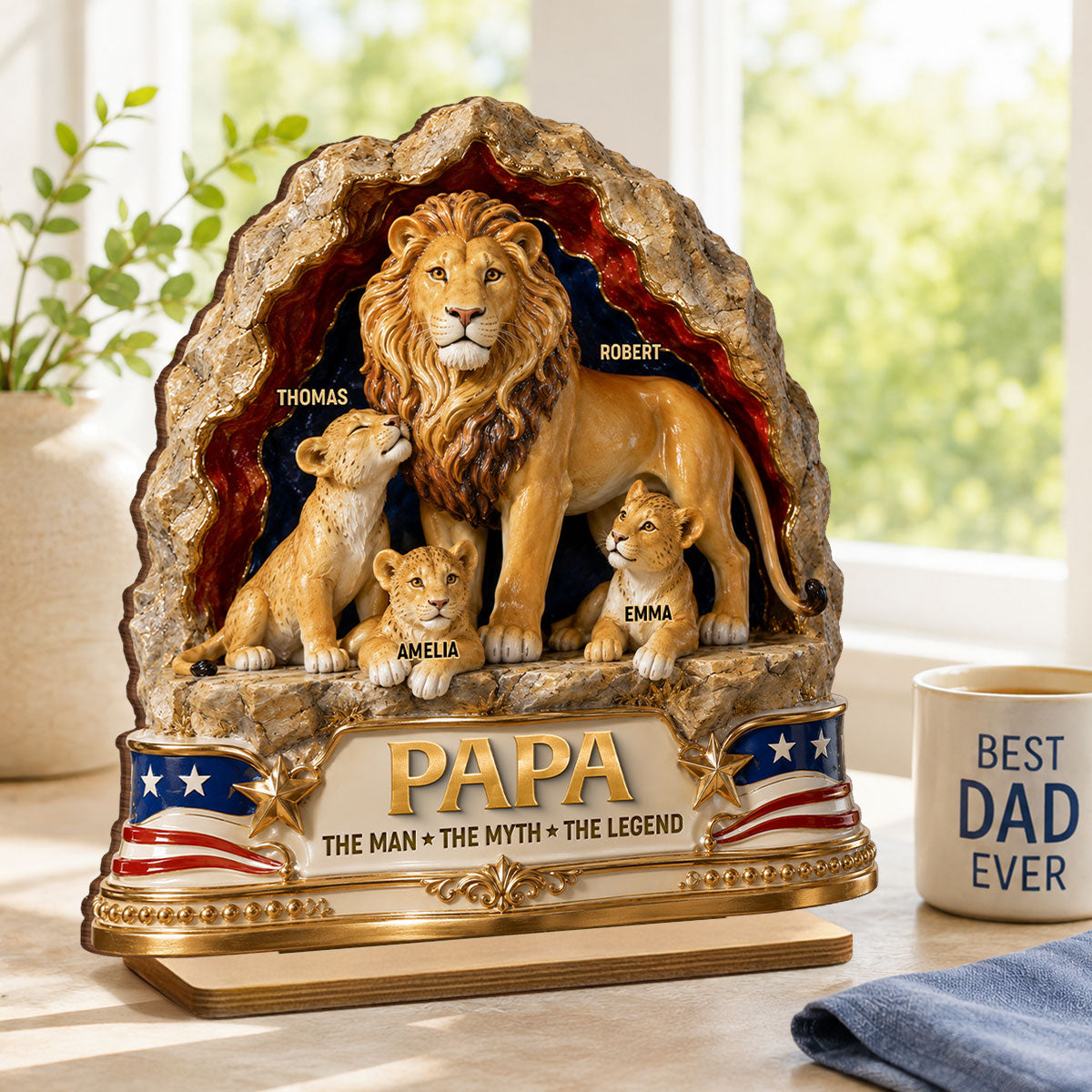 Lion Dad the Legend - Personalized 2-Layered Wooden Plaque -  Gift for Dad, Husband