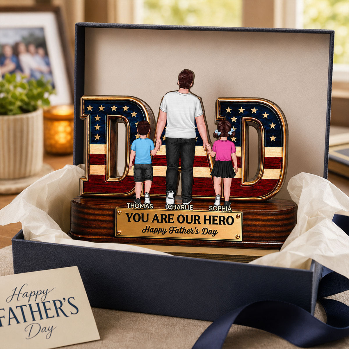 Nation Flag Dad And Kids You Are Our Hero - Personalized 2-Layered Wooden Plaque -  Gift For Dad, Husband