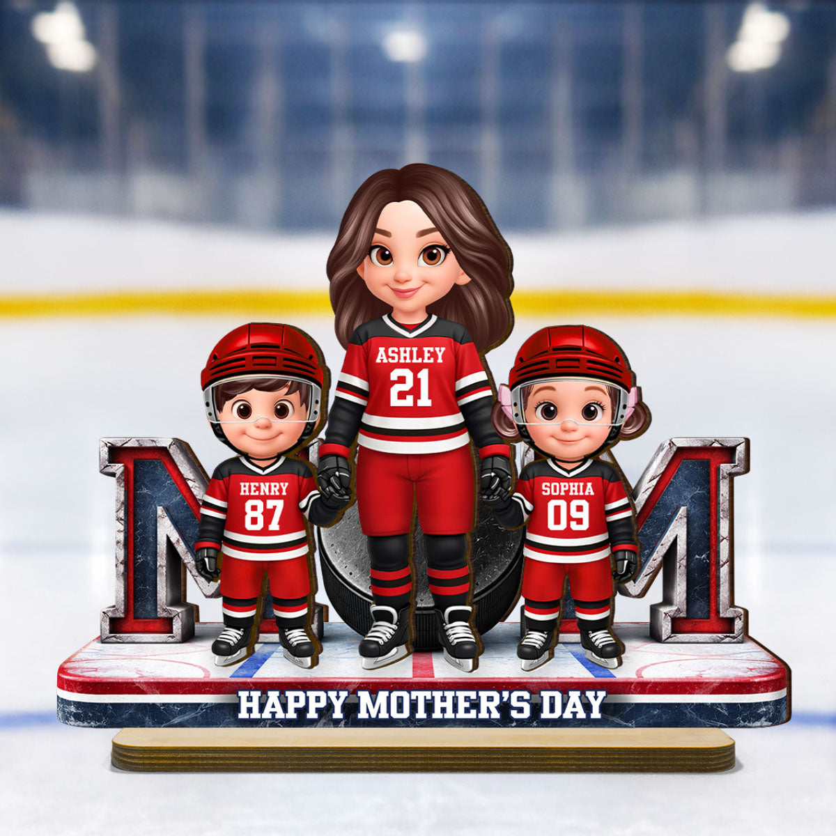 Mom And Her Kids Together Hockey - Personalized 2-Layered Wooden Plaque - Mother's Day Gift For Hockey Mom, Gift For Wife